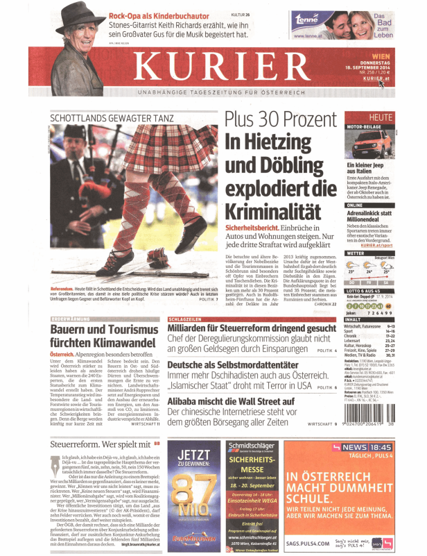 Titelseite der Zeitung „Kurier“ vom 18. September 2014 mit verschiedenen Artikeln und Anzeigen.
