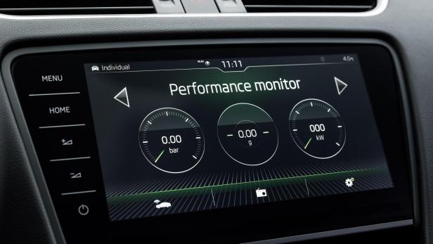 Der Performance-Monitor eines Autos zeigt Werte für Bar, g und kW an.