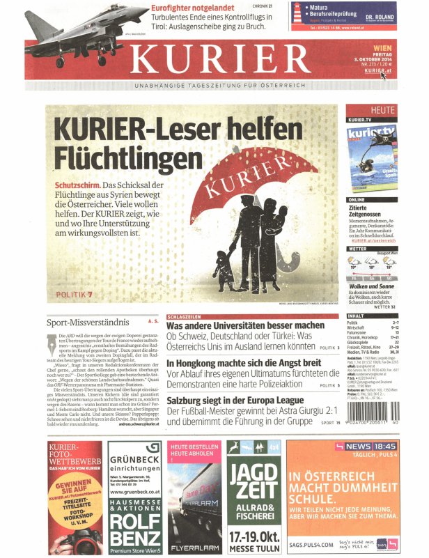 Titelseite des Kurier vom 3. Oktober 2014 mit dem Titel „Kurier-Leser helfen Flüchtlingen“.