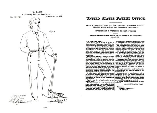Eine Patentzeichnung von Jacob W. Davis für verstärkte Hosentaschen aus dem Jahr 1873.