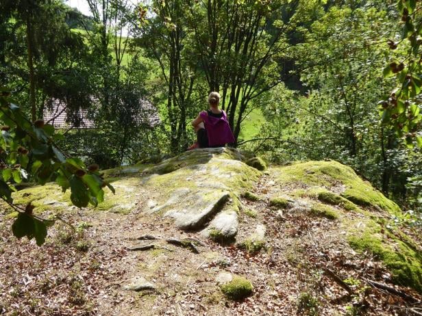 Eine Frau mit lila Rucksack sitzt auf einem moosbedeckten Felsen im Wald.