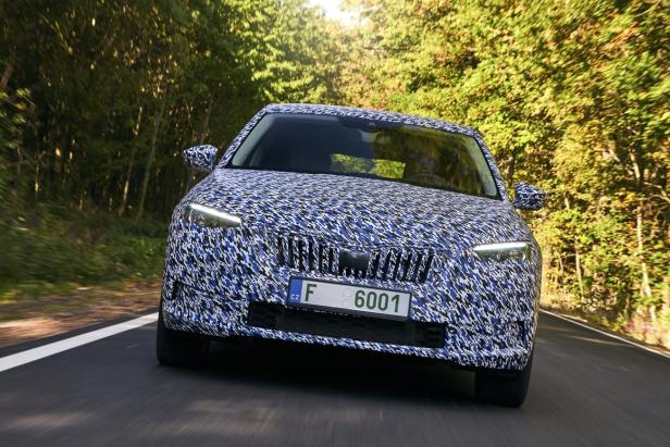 Ein mit Tarnmuster beklebter Skoda fährt auf einer Landstraße.