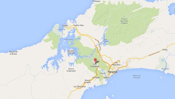 Eine Karte von Panama mit dem Gatúnsee, dem Nationalpark Chagres und der Stadt Las Cumbres.