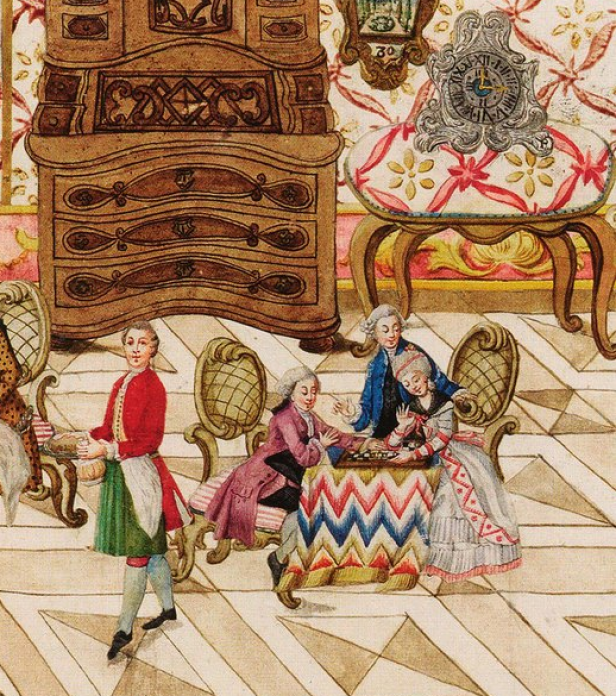 Eine Szene aus dem 18. Jahrhundert mit Menschen, die in einem eleganten Raum Schach spielen.