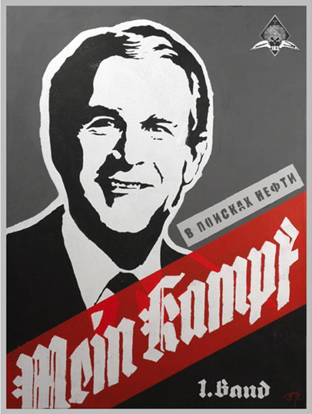 Ein schwarz-weißes Porträt von Wladimir Putin mit dem Titel „Mein Kampf“ auf rotem Grund.