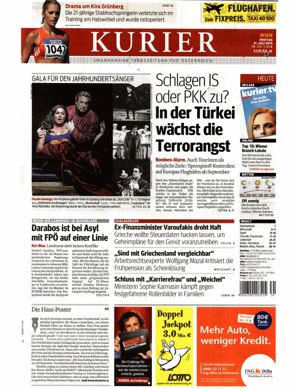 Titelseite der Zeitung „Kurier“ vom 31. Juli 2015 mit verschiedenen Artikeln und Anzeigen.