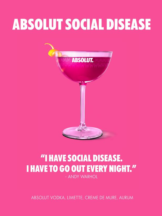 Ein Cocktail der Marke Absolut mit dem Slogan „Absolut Social Disease“.