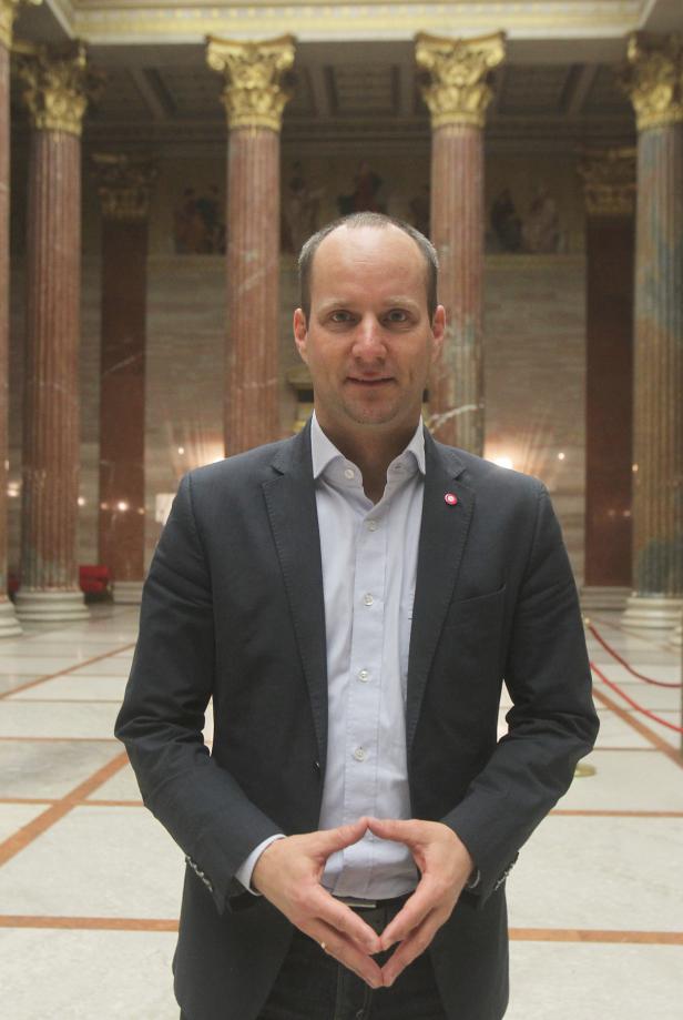 Ein Mann in Anzug steht vor Säulen im Wiener Parlament.