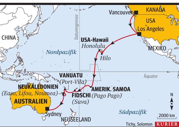 Eine Karte des Pazifiks mit einer Reiseroute, die von Los Angeles nach Sydney führt.