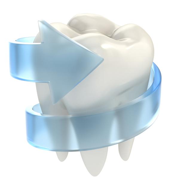 Ein stilisierter Zahn ist von einem blauen Pfeil umgeben.