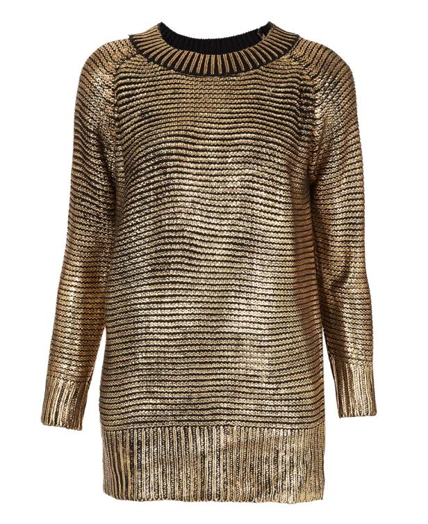 Ein goldenes, gestricktes Minikleid mit langen Ärmeln und einem schwarzen Kragen.