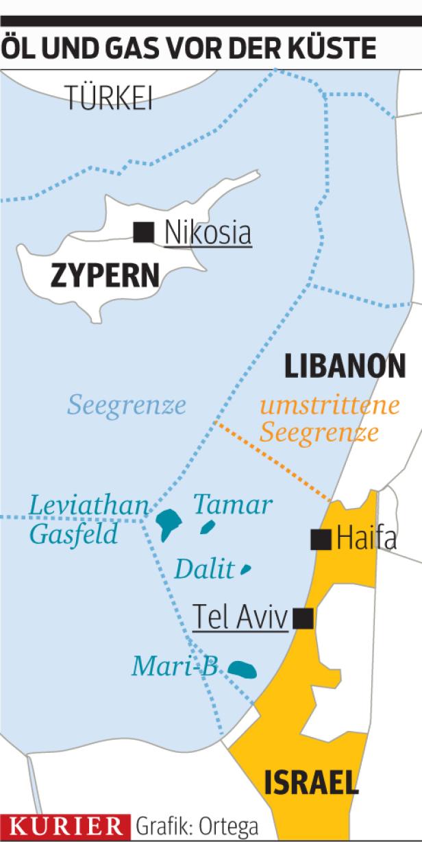 Eine Karte zeigt Öl- und Gasfelder vor der Küste von Israel, Zypern, Türkei und dem Libanon.