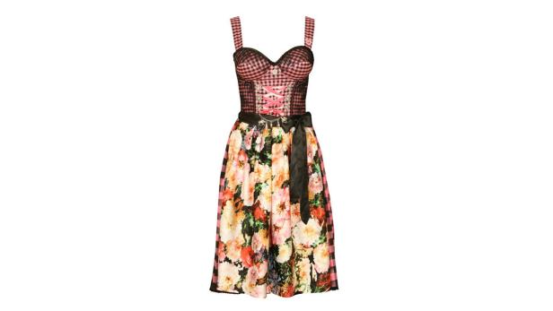 Ein Dirndl mit rosa-kariertem Oberteil und einem Rock mit Blumenmuster.