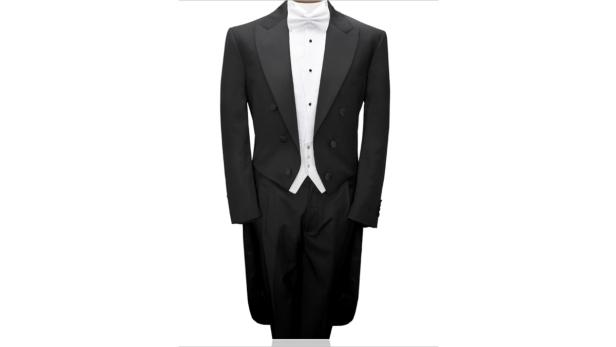 Ein Frack mit weißer Fliege und Weste vor einem weißen Hintergrund.
