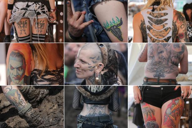 Eine Collage von Menschen mit Tätowierungen auf verschiedenen Körperteilen.