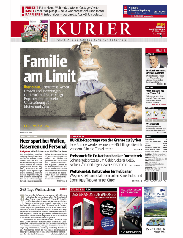 Titelseite des Kurier vom 4. Oktober 2014 mit dem Titel „Familie am Limit“ und einem Foto eines trotzigen Kindes.