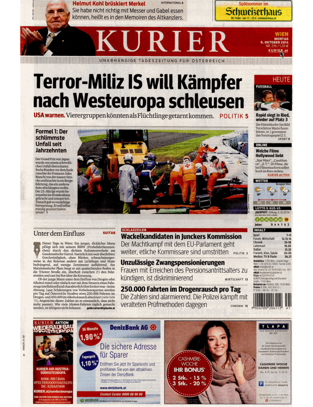 Titelseite der österreichischen Tageszeitung „Kurier“ vom 6. Oktober 2014.