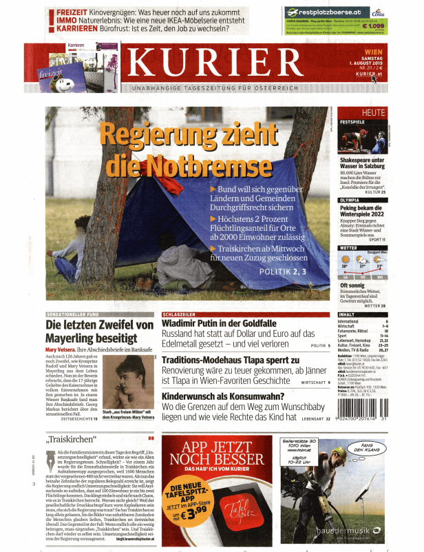 Titelseite des Kurier vom 1. August 2015 mit dem Schwerpunktthema Flüchtlingspolitik.