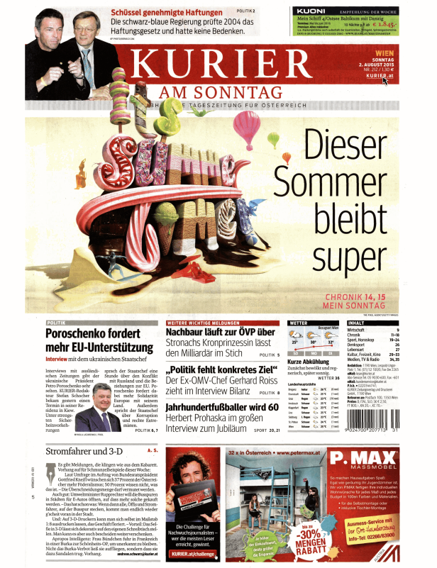 Titelseite des „Kurier am Sonntag“ vom 2. August 2015 mit dem Titel „Dieser Sommer bleibt super“.