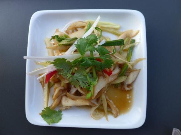 Ein quadratischer Teller mit einem asiatischen Pilzsalat mit Koriander und Chili.