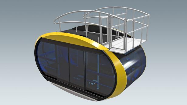 Eine gelbe Gondel mit Glasfenstern und einer Aussichtsplattform auf dem Dach.