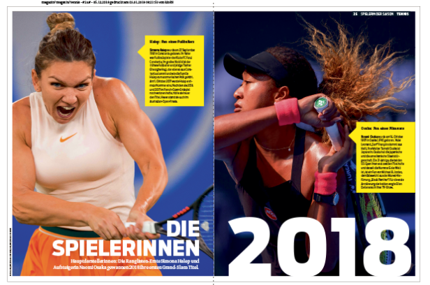 Simona Halep und Naomi Osaka, zwei Tennisspielerinnen, auf einer Magazinseite.