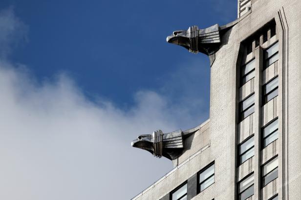 Steel gargoyles depicting American eagles are seen on New York City's iconic Chrysler Building in Manhattan