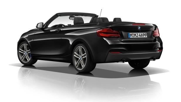 Ein schwarzes BMW 2er Cabriolet von hinten auf einem weißen Hintergrund.