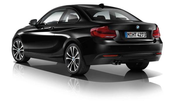 Ein schwarzer BMW 220d, aufgenommen von hinten.