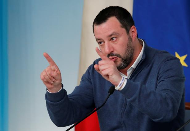 FILE PHOTO: Italy's Interior Minister Matteo Salvini gestures as he attends a news conference in Rome
