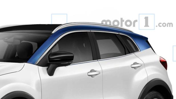 Detailansicht eines weißen Autos mit blauem Dach und Akzenten.