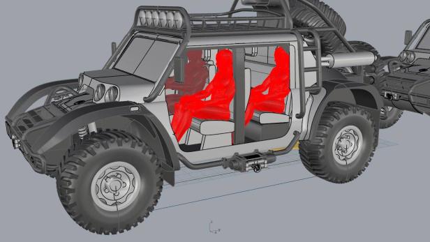 Eine 3D-Modellansicht eines geländegängigen Fahrzeugs mit Passagieren.