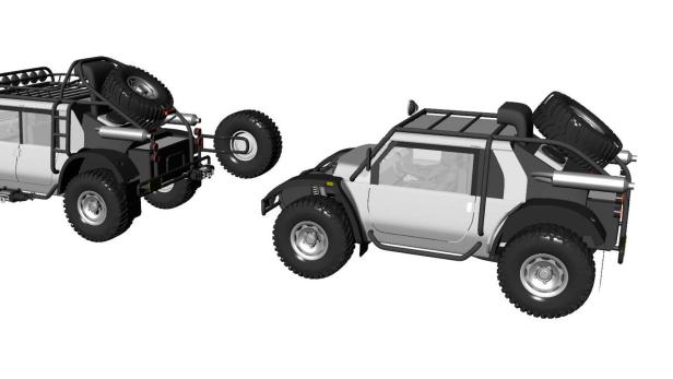 Zwei weiße Geländewagen mit Reserverädern und Dachgepäckträgern sind auf weißem Grund dargestellt.