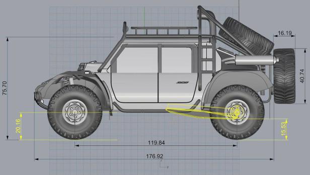 Eine schematische Darstellung eines Offroad-Fahrzeugs mit Maßangaben.