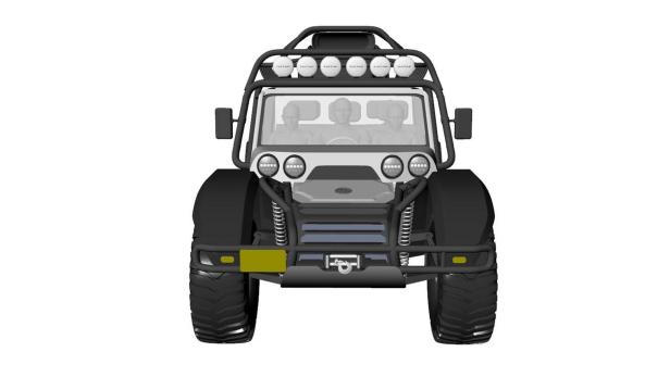 Ein Geländewagen mit Überrollbügel und Scheinwerfern, besetzt mit drei Personen.