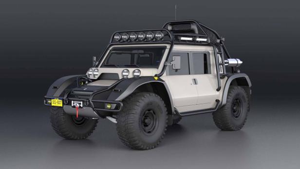 Ein SCG Boot Geländewagen mit Überrollbügel und Zusatzscheinwerfern vor dunklem Hintergrund.