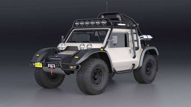 Ein SCG Boot Geländewagen mit Überrollbügel und Zusatzscheinwerfern vor dunklem Hintergrund.