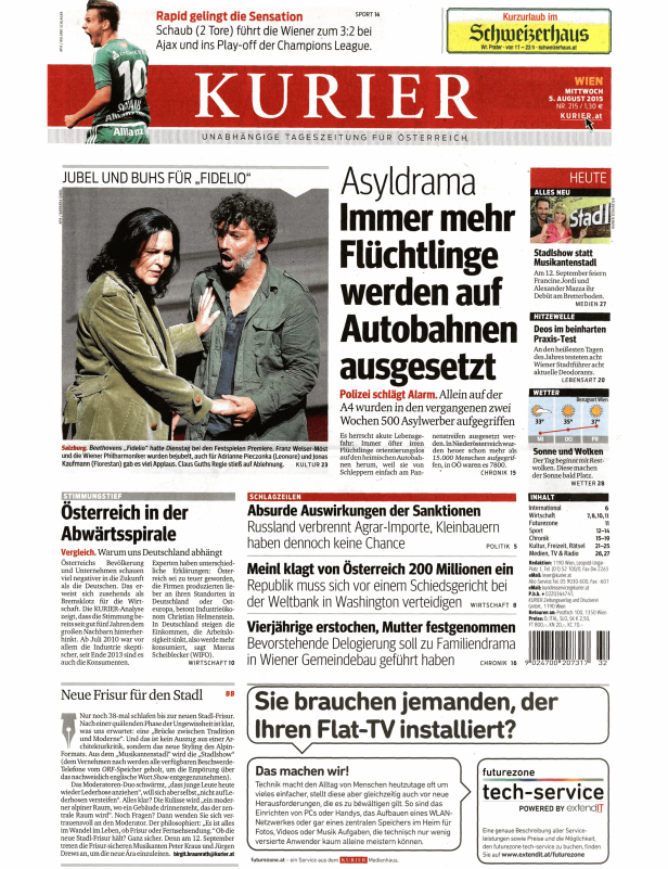 Titelseite der Zeitung Kurier vom 5. August 2015 mit Artikeln zu verschiedenen Themen.