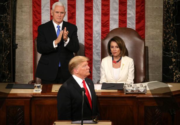 House Speaker Pelosi react as as U.S. President Trump delivers his second State of the Union address to a joint session of the U.S. Congress in Washington