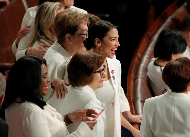 Rep. Alexandria Ocasio-Cortez (D-NY) joins fellow Democratic members of Congress before U.S. President Donald Trump delivers his State of the Union address to a joint session of Congress on Capitol Hill in Washington