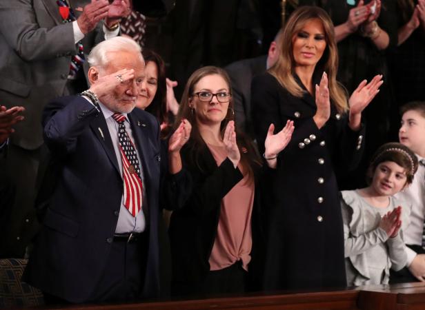 Astronaut Aldrin salutes as U.S. President Trump delivers his second State of the Union address to a joint session of the U.S. Congress in Washington