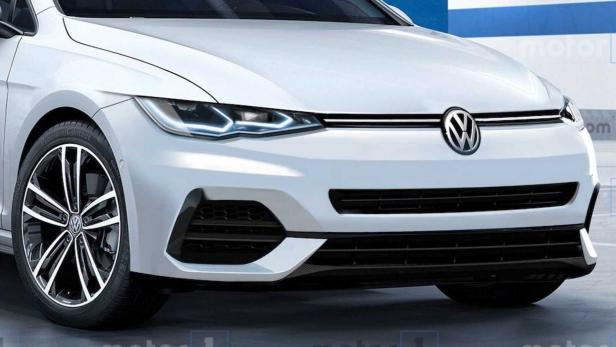 Detailansicht der Frontpartie eines weißen Volkswagen Golf.