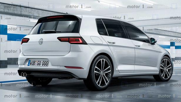 Ein weißer VW Golf, von hinten und der Seite in einem Parkhaus aufgenommen.