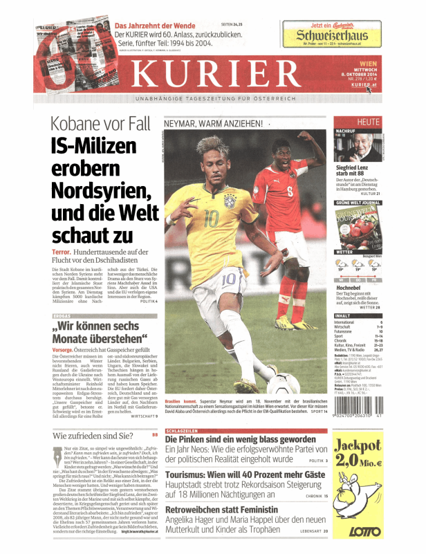Titelseite des Kurier vom 8. Oktober 2014 mit Schlagzeilen zu IS-Milizen und Neymar.