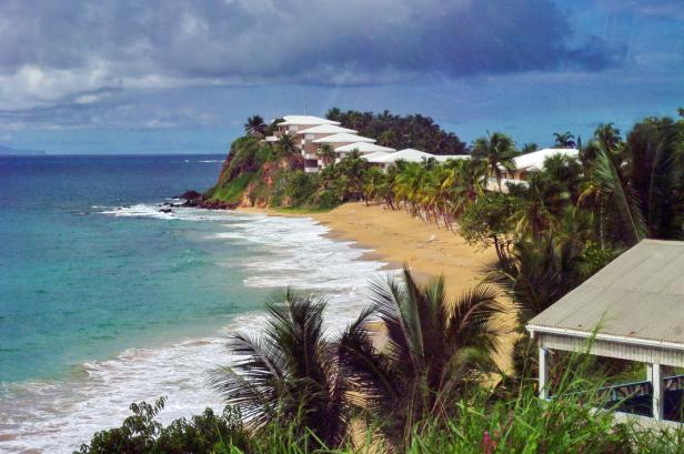 Ein Strand mit Palmen und einem Hotel auf einer Klippe.
