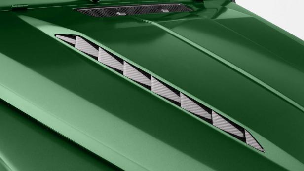 Detailansicht der Motorhaube eines grünen Autos mit Lüftungsschlitzen.