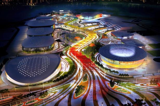 Eine Luftaufnahme des Olympiaparks Rio de Janeiro bei Nacht.