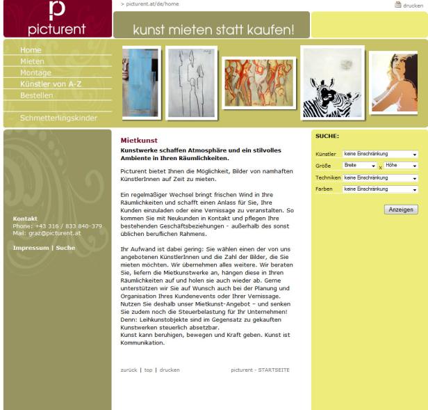 Die Webseite von Picturent, die Kunstvermietung anbietet.