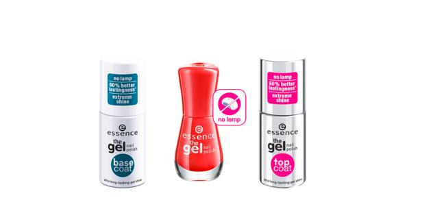 Drei Flaschen „Essence The Gel Nail Polish“: Base Coat, roter Nagellack und Top Coat.