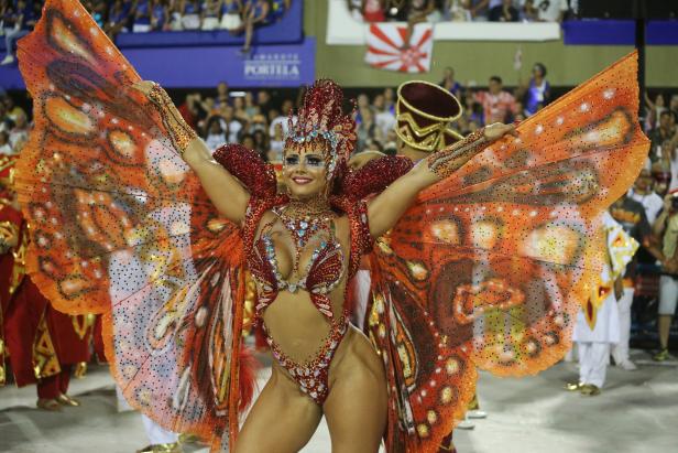 Drum queen Viviane Araujo from Salgueiro performs during the first night of the Carnival parade at the Sambadrome in Rio de Janeiro